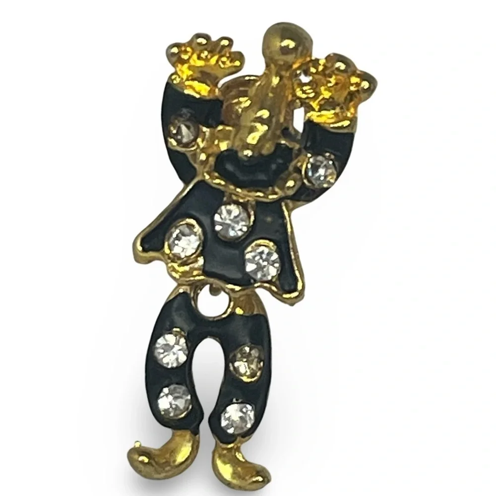 Vintage Black Enamel Crystal Accent Gold Clown Articulated Pin